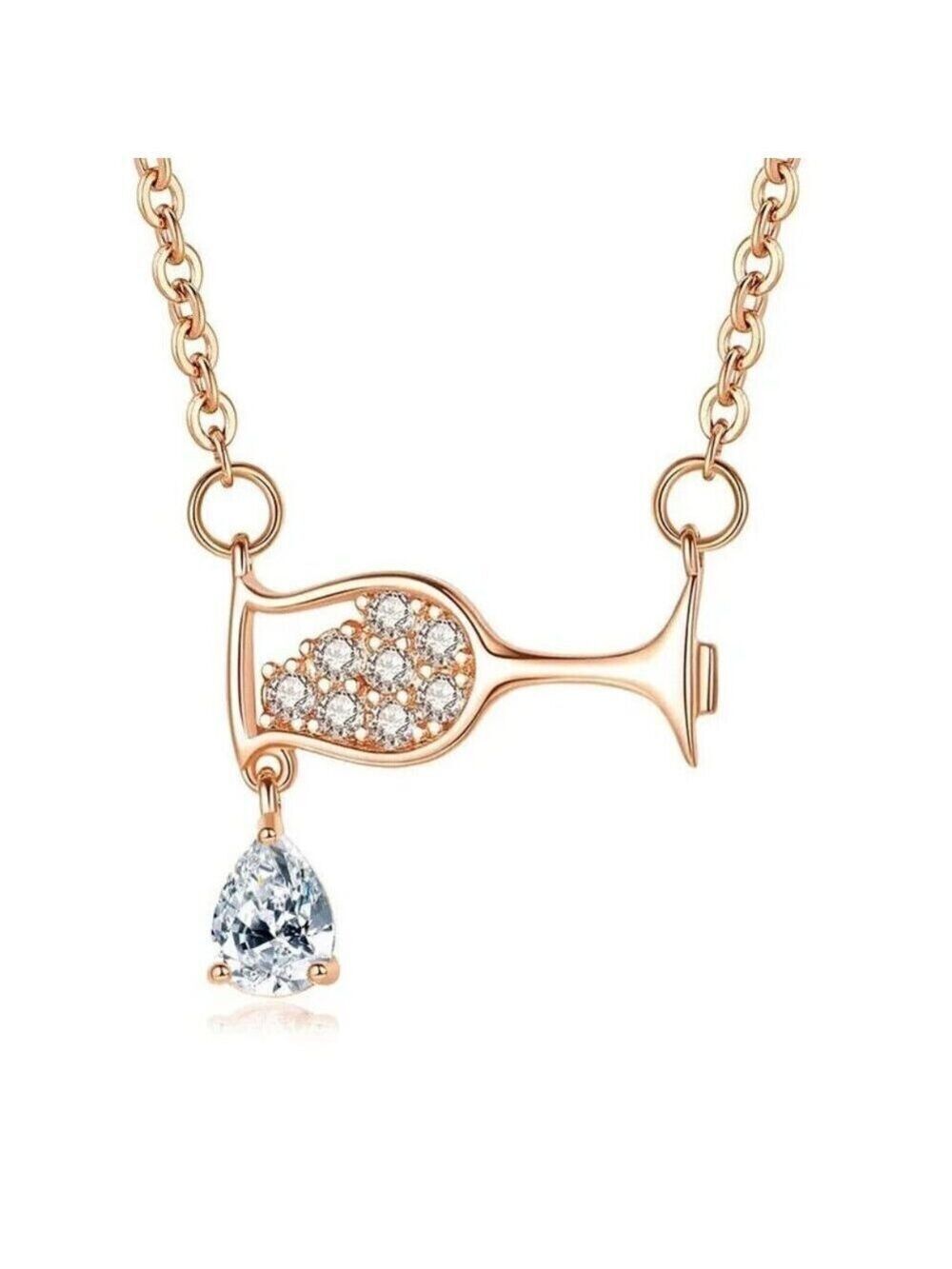 Wine Glass & Drop Pendant Necklace with Cubic Zirconia in Rose Gold Color